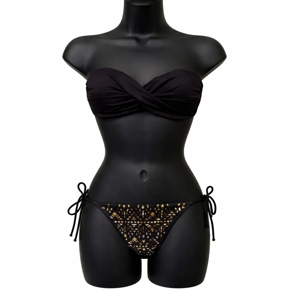 Victoria's Secret Womens Bikini Swimsuit Sz 34B/XS Black Gold Metallic‎ Cut Out